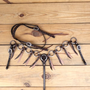 Ring Headstall Breast Collar tack Set decorated engraved antic copper rings metallic leopard leather fringe brown leather braided browband