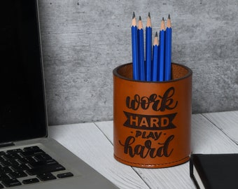 Porte-stylo en cuir marron clair : organiseur de bureau, cadeau d'employé