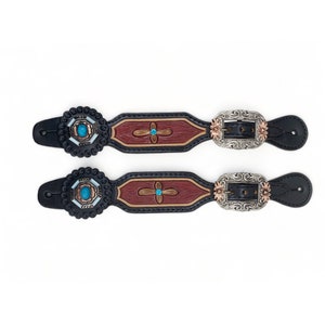Spurs Leather Ladies Spur strap decorated with turquoise stone with engraved leaves inlay