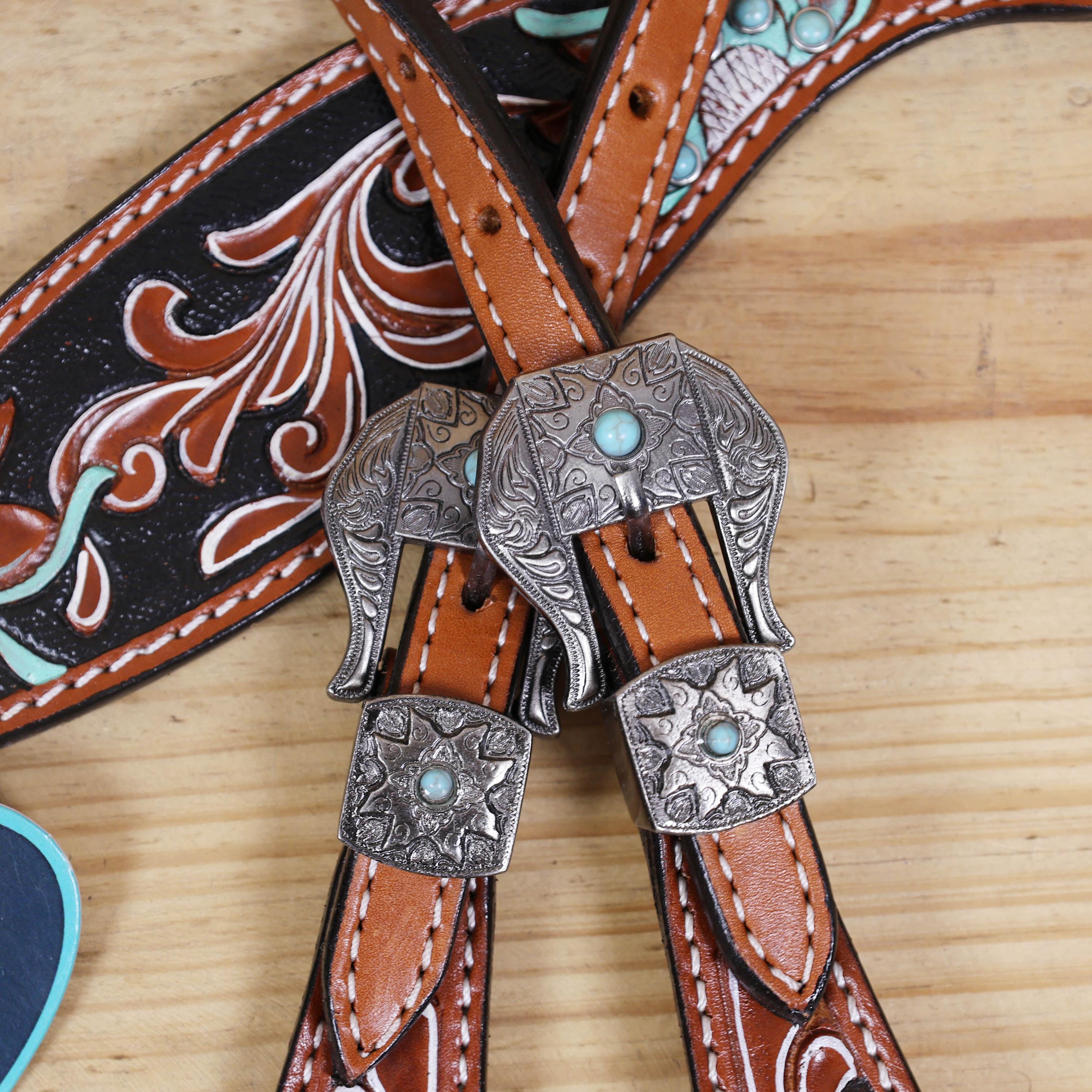 Ensemble De Tête Western En Cuir Pour Cheval – Décoré Main, Sculpté, Coloris Marron, Neuf