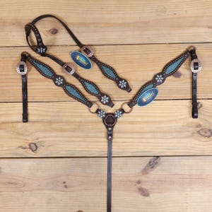 Western Leather Headstall Breast Collar Set: Turquoise Flower Concho, Alligator Inlay
