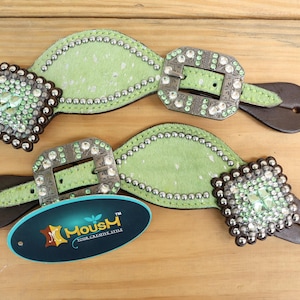 Spur strap Leather Ladies Spur strap decorated with Lime Green metallic acid wash cowhide look by Mousm