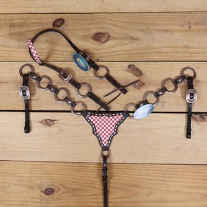 Western Leather Headstall and Breast Collar Tack Set has finish line print (Orange and White) with designed Rings, braided, buck stitch