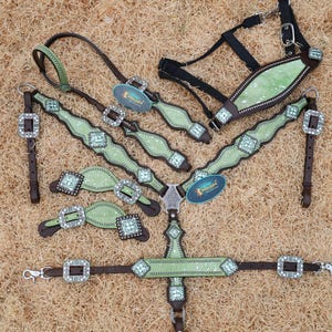 Green Western Leather Headstall and Breast Collar tack Set for the horse, Lime Green metallic acid wash cowhide look headstall bridle set