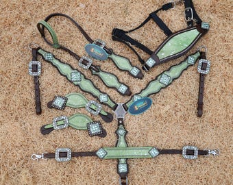 Lime Green One ear western tack set Headstall breast collar: Cowhide