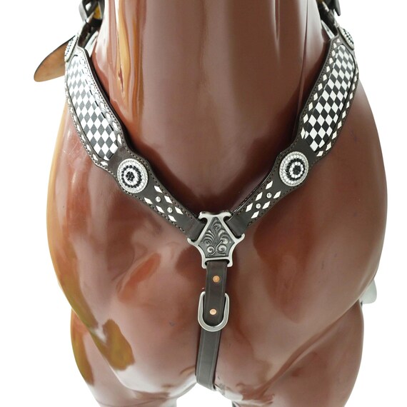 Ensemble Bride Et Collier De Poitrine Western – Cuir De Vache Argentin – Style Bling (Marron)