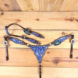 Royal Blue Leather Headstall Breast Collar Set: Metallic Cowhide  Patch