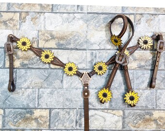 3D Sunflower One Ear Headstall Breast Collar Set: WesternTack has Copper Studded