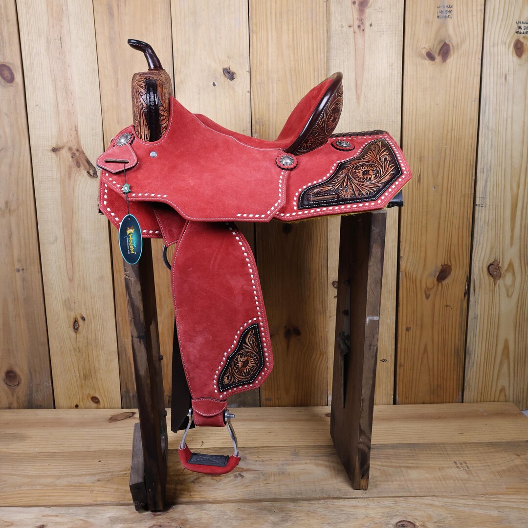 Red Handcrafted Western Barrel Saddle Genuine Leather 15 Inch. Red 15 ...