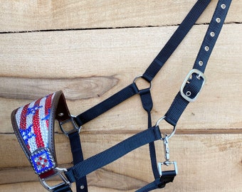 May include: A black nylon horse halter with a red, white, and blue rhinestone-studded leather noseband.