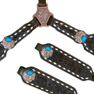 thumbnail image 2 of Leather Horse Headstall With Engraved Silver Heart Conchos & 5-Foot Reins – Showman (Free Shipping) 2 of 2