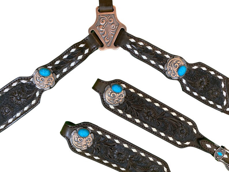Set Western Tête Et Collier De Poitrail En Cuir – Studs Cuivre – Antique – Taille Cheval