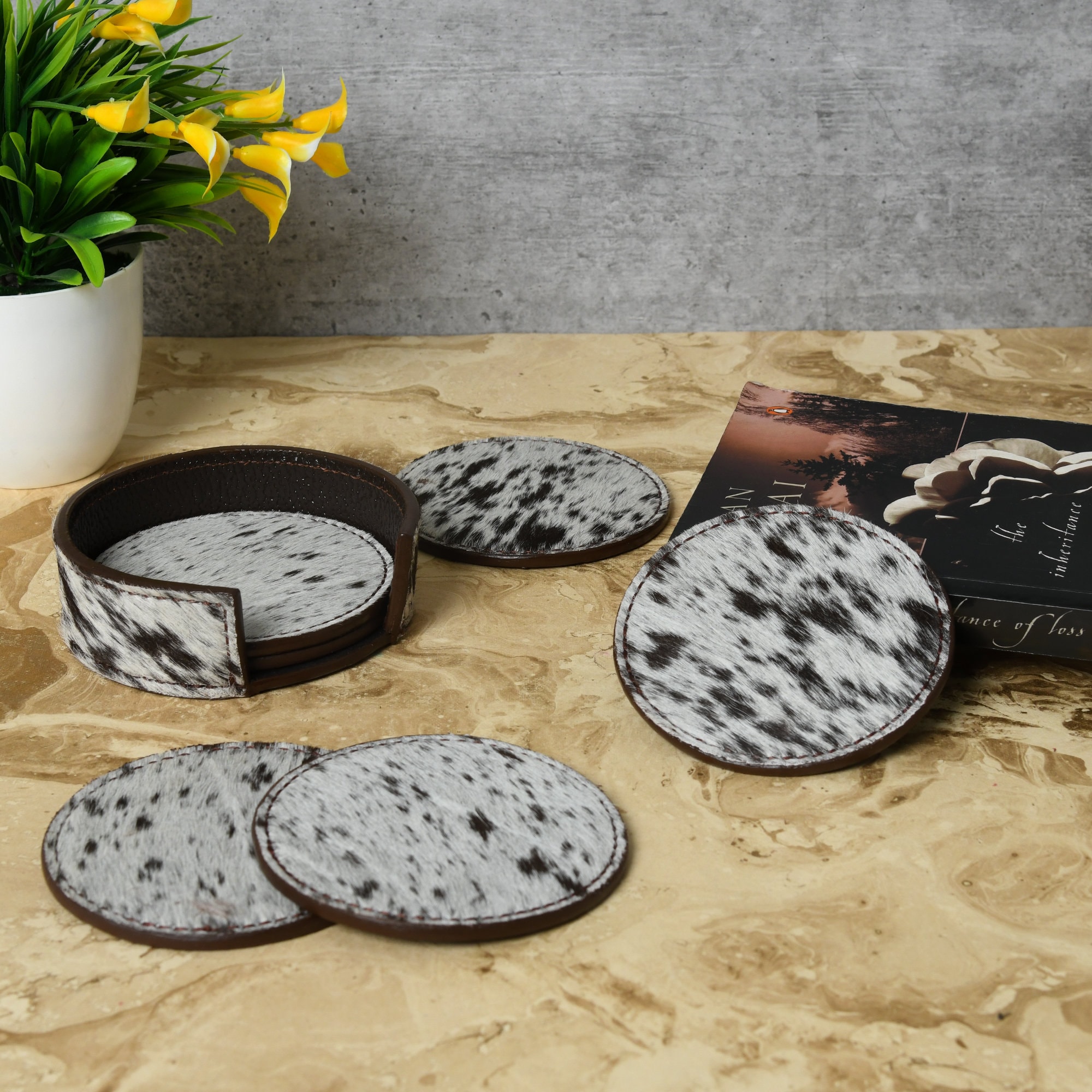 NGF Cowhide Coaster Set of 6 Pcs Natural Cowhide Drink Coasters Hair on Square Coasters Leather Tea Cup Coasters Home Decor & Home Living Ideas