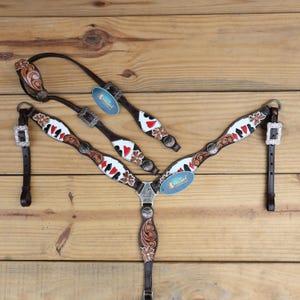Handgefertigtes Headstall und Collar Set aus Leder mit Western Headstall tack, verziert mit geschnitzten und handbemalten Spielerkarten