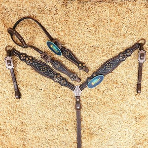 Hand-Tooled Western Headstall Breast Collar Set | Hand-Tooled Leather, Alligator Print, Rhinestones