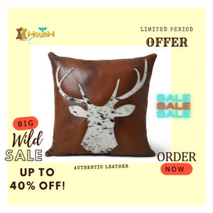 Brown Leather Pillow Cover: Deer Patch Accent, 18&quot; Cowhide Cushion