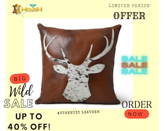 Handmade Brown Leather Pillow Cover: Deer Patch Accent, 18" Cushion cover