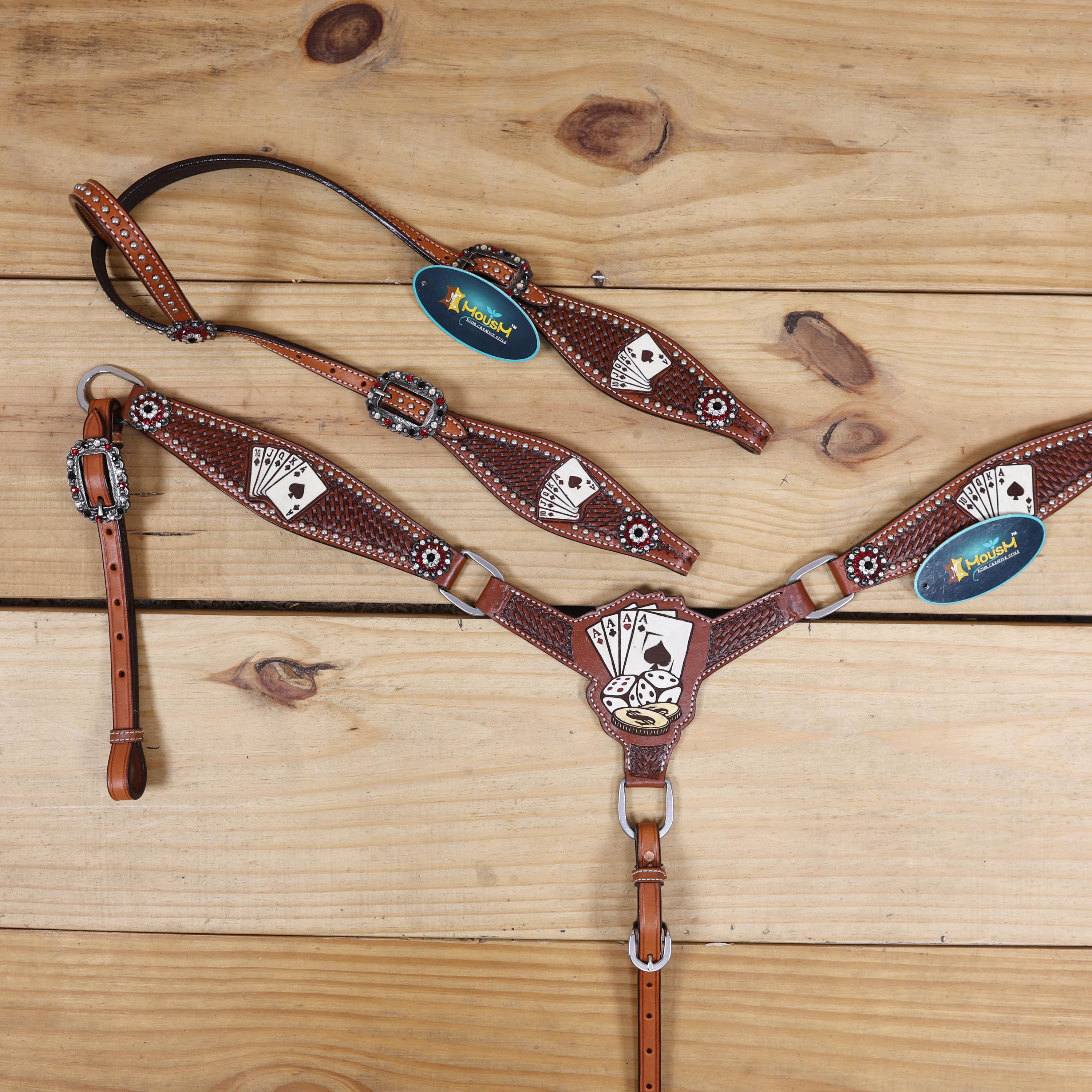 Hand Tooled Brown Leather Gambling Theme Leather Horse Headstall