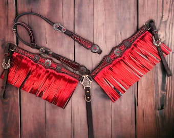 Red Leather Headstall and Breast Collar, Headstall tack set with red matching Conchos. A western headstall set perfect for Gift MOUSM (RED)