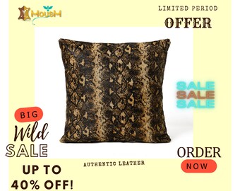 パイソンプリントレザークッションカバー：牛革製、18インチ四方