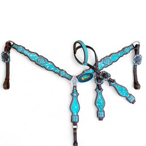 Turquoise Leather Headstall Breast Collar Set: Western Horse Tack