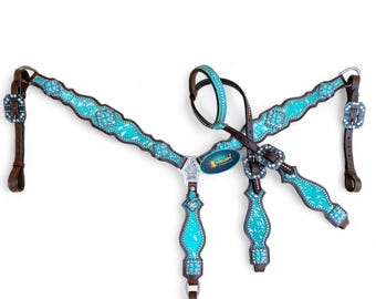 Teal Western Leather Horse Headstall Breast Collar Set: Acid Wash Splashes, Rhinestones