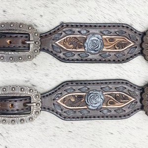 Spurs Leather Ladies Spur strap decorated with 3D rose flower and buck stitch inlay