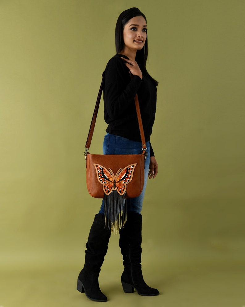 Top Grained Genuine Leather Bag, Hand Bag for Women Leather Shoulder Bag Butterfly with Fringe Ladies Hand Bag Shoulder Purse MOUSM image 1