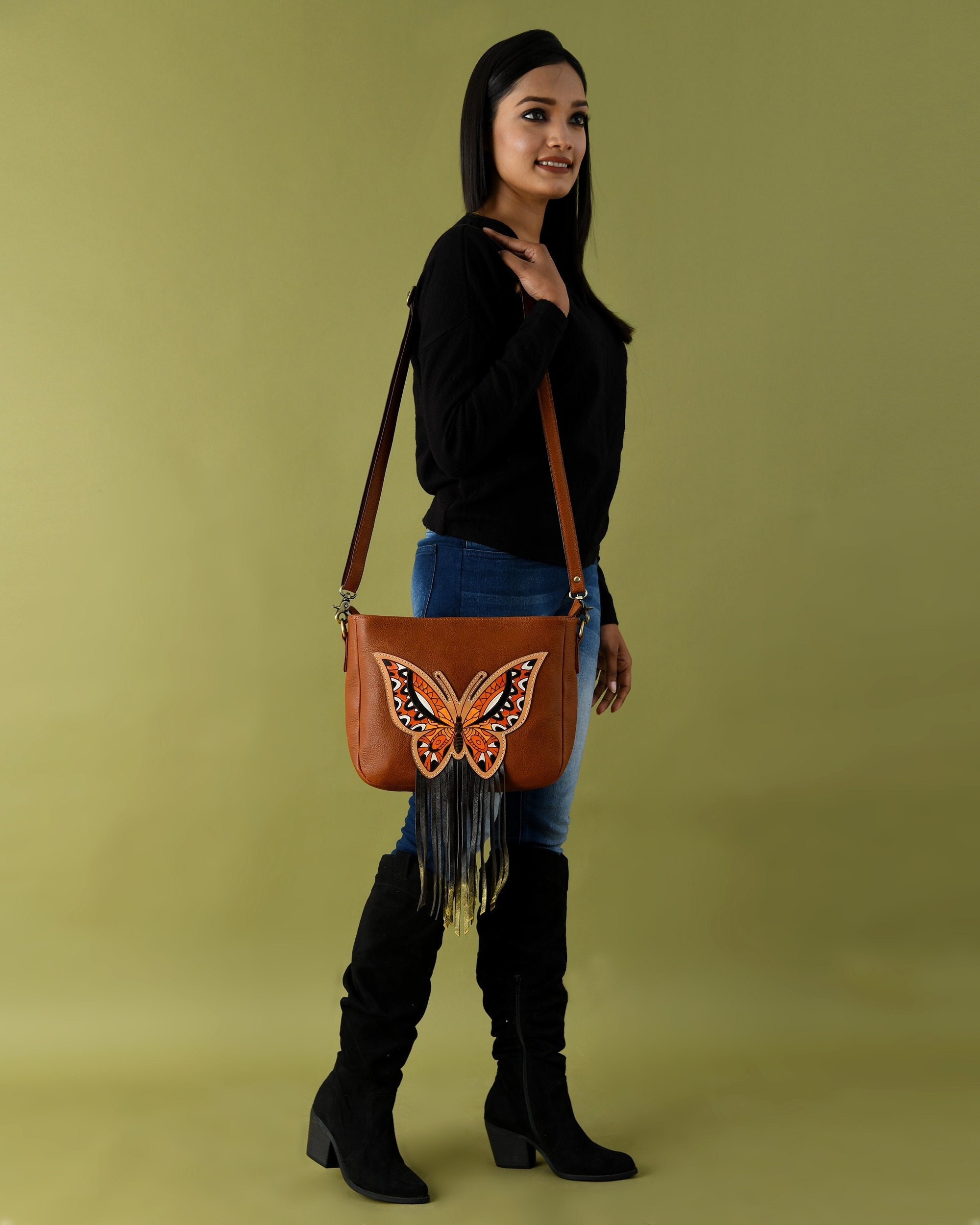 Mexican Tooled Leather Purse with Butterfly Flower Design, Hippie Shoulder  Bag Cross Body