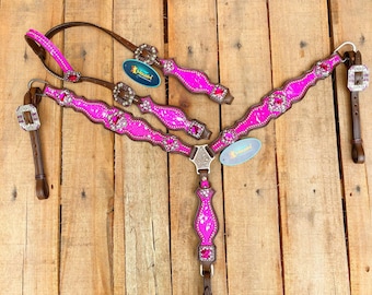 Handmade Pink Headstall Breast Collar Set: Western Leather Horse Tack for She riders