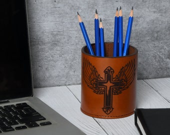 Leather Desk Organizer - Round Pen Cup MOUSM
