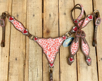 Valentine Day Western Leather Headstall and Breast Collar tack Set for the horse, Western headstall printed pink heart patch heart  MOUSM