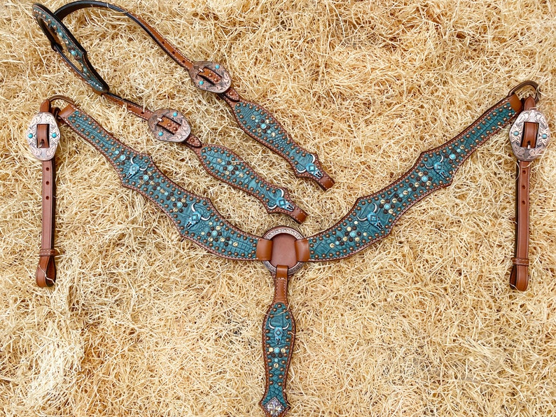 Leather Headstall and Breast Collar Set, Western Headstall With Teal