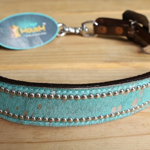 Turquoise Leather Wither Strap: Metallic Acid Wash Cowhide, Gemstone Detail
