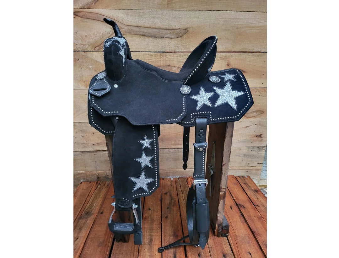 Handcrafted Leather Barrel Saddle: Black With Silver Glitter Stars - Main Image