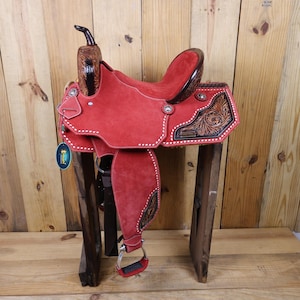 Handmade Western Saddle tack, Real handcrafted on real genuine Leather, 15&quot;inch Barrel Saddle for Horse Riders with Red color (15&quot; )