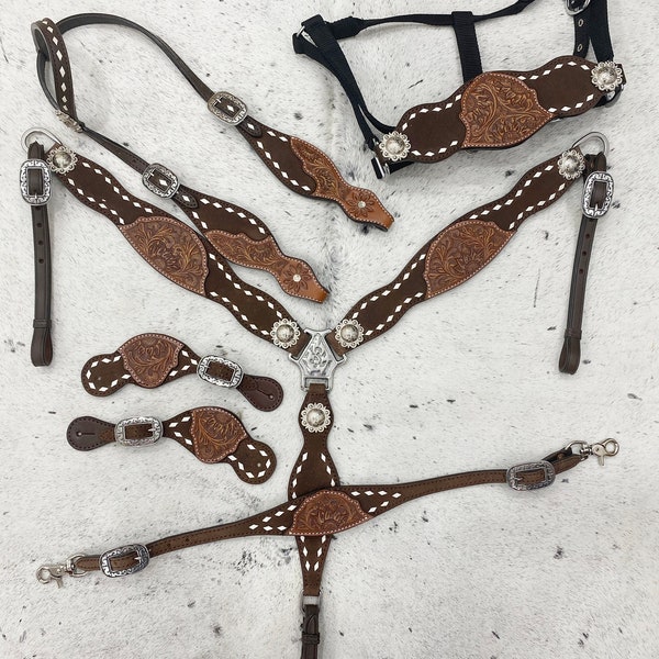 Leather Headstall and Breast Collar Set horse, Western headstall Tack decorated  with hand tooled and carved  white rawhide braiding MOUSM