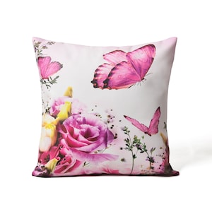 Pink Flowers Butterflies Zen Floral Throw Pillow Covers Luxury Square Pillowcase Printed Decorative Cushion Cases for Sofa/Bed/Car 18&quot;x18&quot;