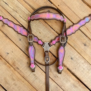 Western Leather Horse Headstall Set: Pink Stone Inlay, Rose Detail