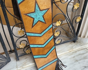 Handmade Acid Wash Cowhide Table Runner: Turquoise Star Patch, Leather Fringe (72")