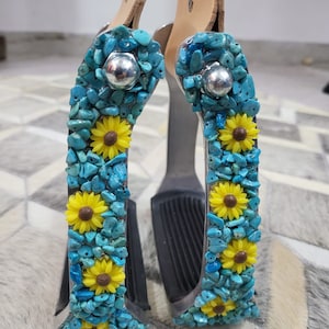 Western Saddle Aluminium Barrel Racing Stirrups w/ Turquoise Crushed stones & Sunflower studs