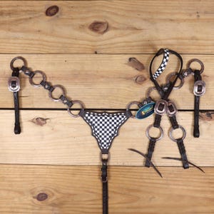 Western Leather Headstall and Breast Collar Tack Set has finish line print (Rock Black and White) with designed Rings, braided, buck stitch