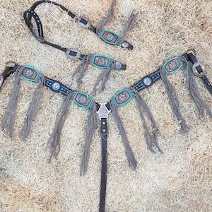 Leather Horse Headstall and Breast Collar Set: Turquoise Copper Studs, Fringe