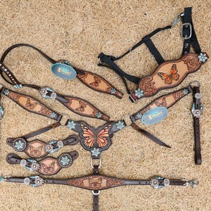 Bride Western En Cuir Avec Conchos – Lot Stalle Et Collier – Marque MOUSM (cadeau équestre)