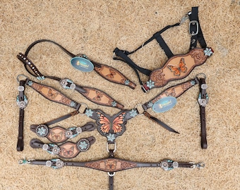 Butterfly Horse Tack Set: Hand-Painted Leather Headstall, Turquoise Flower Concho