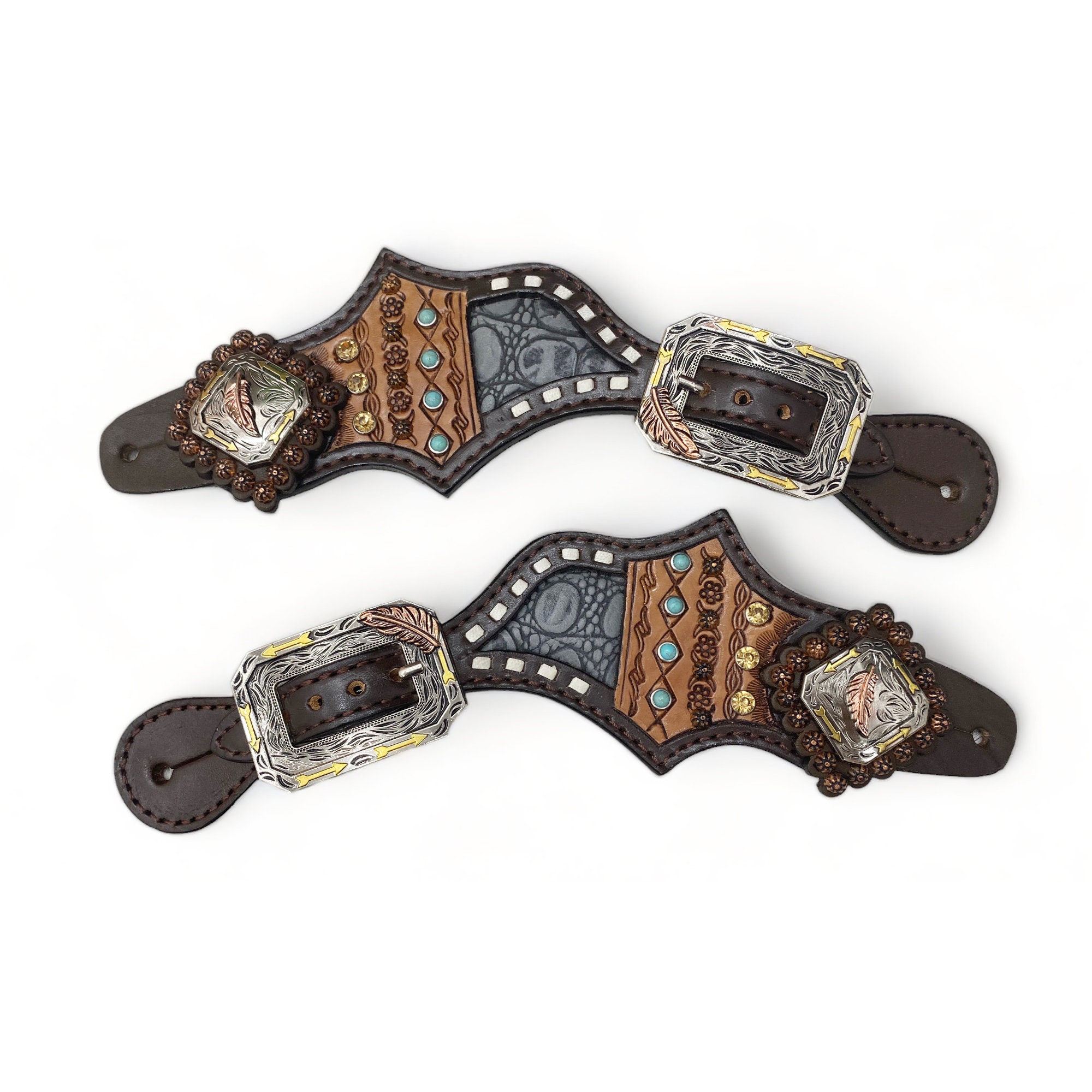 Sangles à éperon En Cuir Alligator – Femme, Avec Perles Argentées, Showman, Neuves