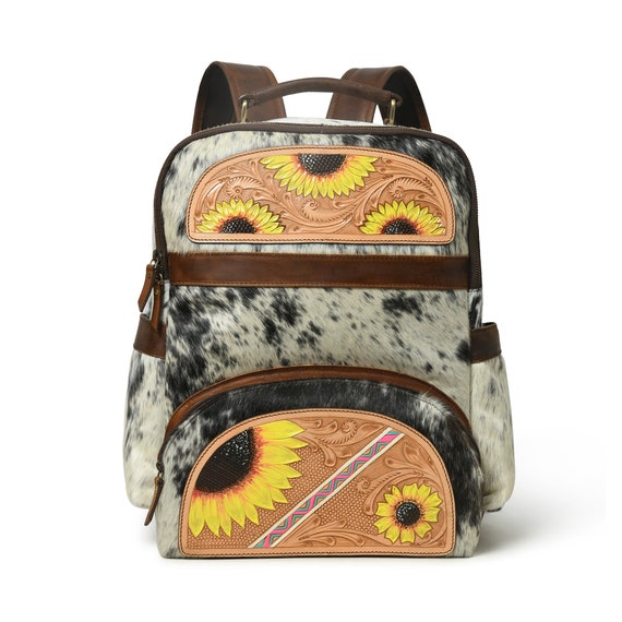 Handmade Cowhide Backpack: Sunflower Tooled Leather Bag