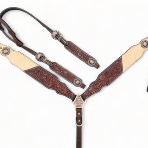 Western Leather Headstall and Breast Collar tack Set for the horse, Western headstall tack decorated with OAK fruit Carving by MOUSM