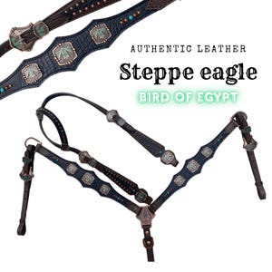 Steppe Eagle Headstall Breast Collar Set: Aztec Egyptian Bird, Black Leather