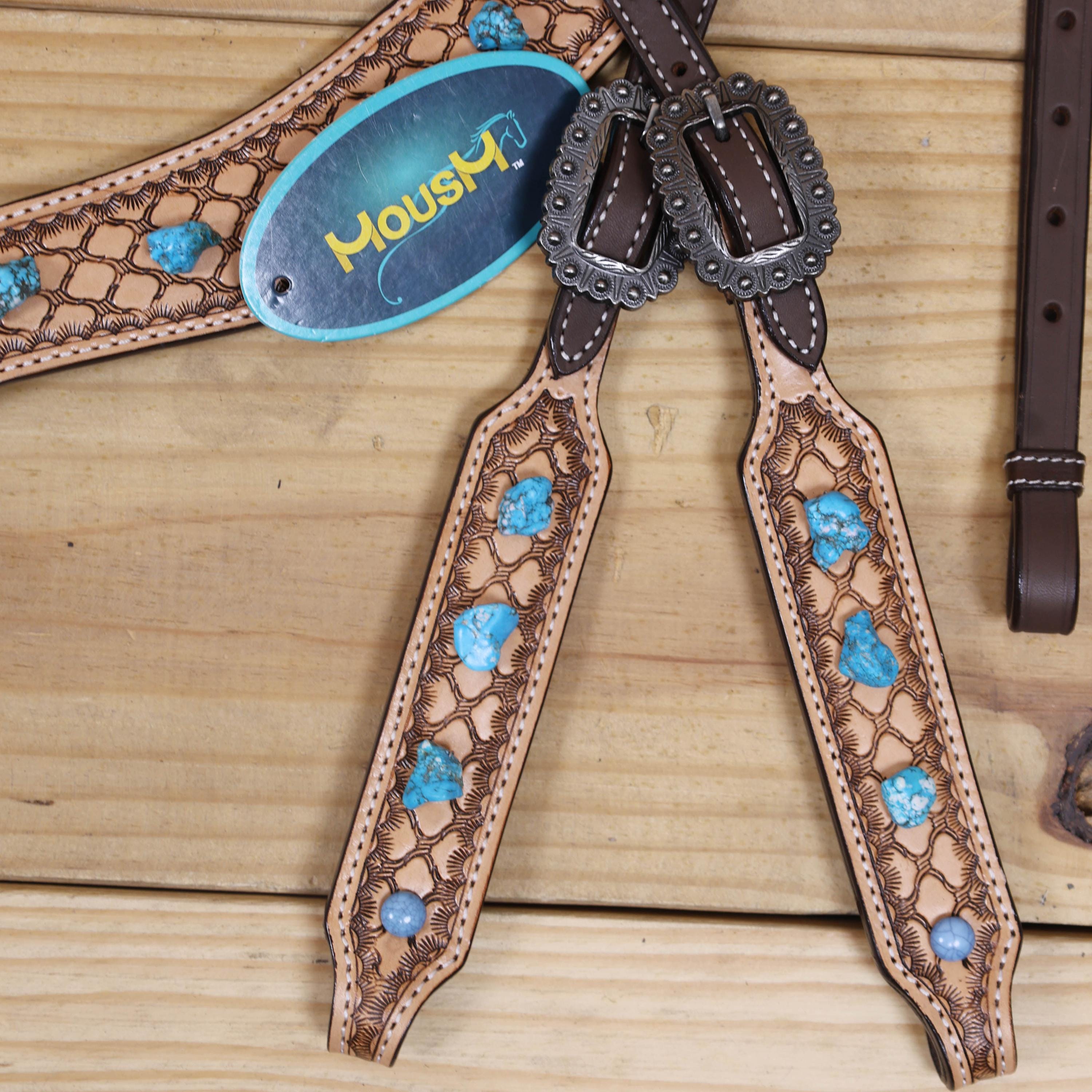 Hand Tooled Western Leather Headstall Breast Collar Set: Turquoise